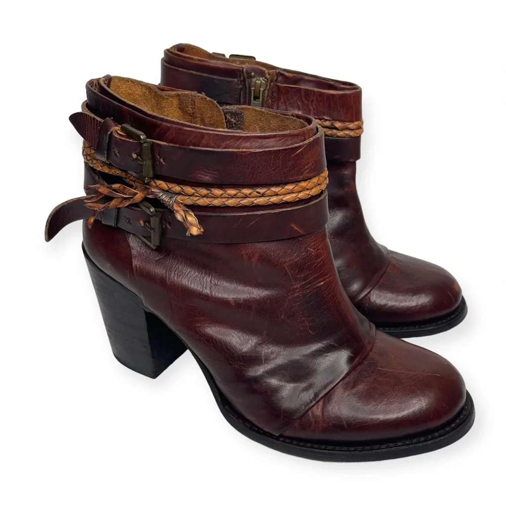 FREEBIRD by Steven Lion Heel Cognac REAL LEATHER Distressed Ankle Boot Size 11